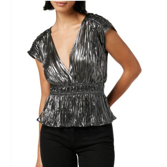 Joe's Jeans Tops - JOE'S Jeans Lea Lame Metallic Peplum Top Metallic Silver Plunge Neck Smocked S